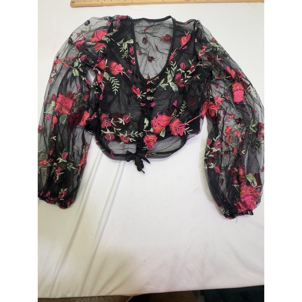 Sheer 3/4 Sleeve Cropped Embroidered Roses M Smock Fairy Peasant Boho Cottage